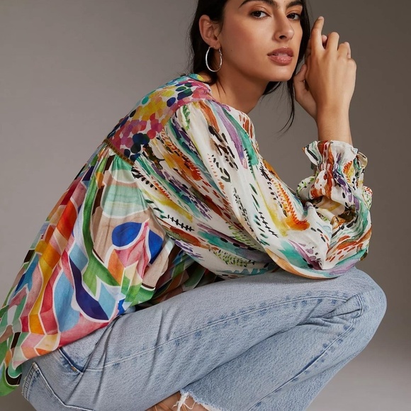 Anthropologie Bl-Nk Miranda Peasant Blouse Green Motif XXS - Picture 2 of 4